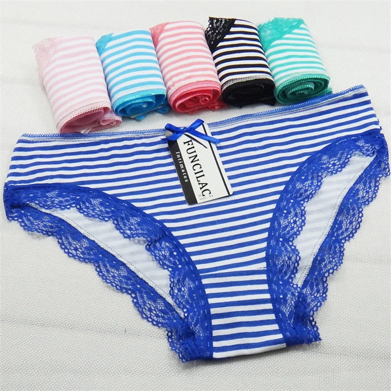 FUNCILAC 5 Pcs/set Women's Underwear Cotton Sexy Lace Panties Striped Briefs Everyday Lingerie Girls Ladies Knickers Size M L XL